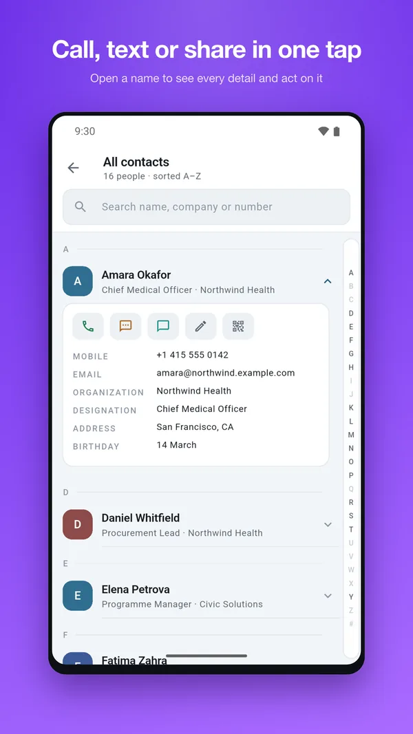 Expanded contact card showing call, message, edit and QR actions with full details