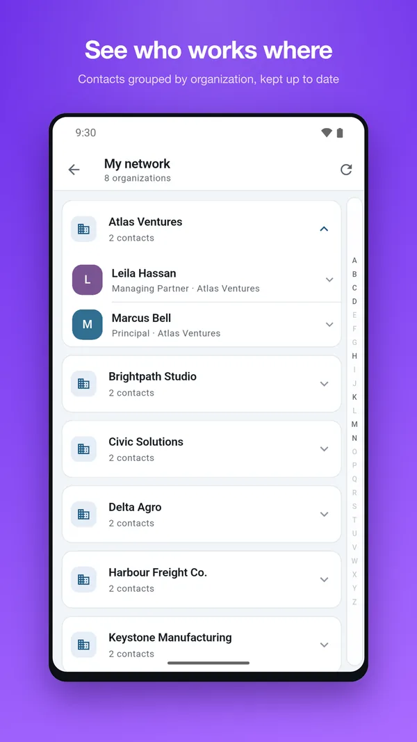 My network screen listing contacts grouped under their employers