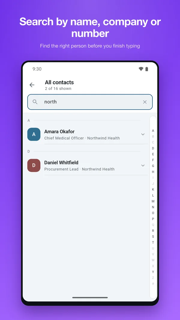 Search results filtering contacts by company name as the user types