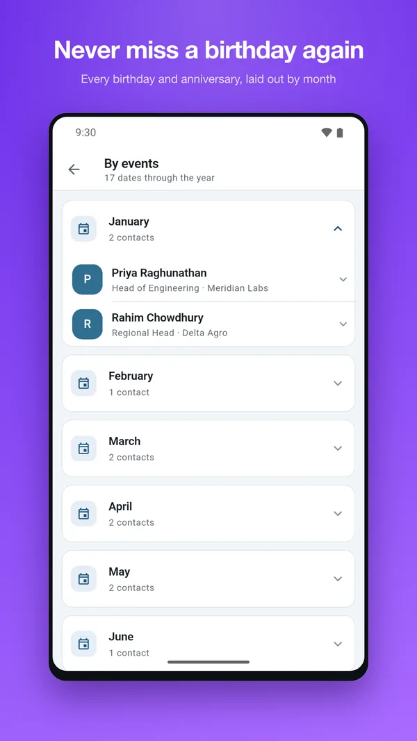Events screen listing birthdays and anniversaries organized by month