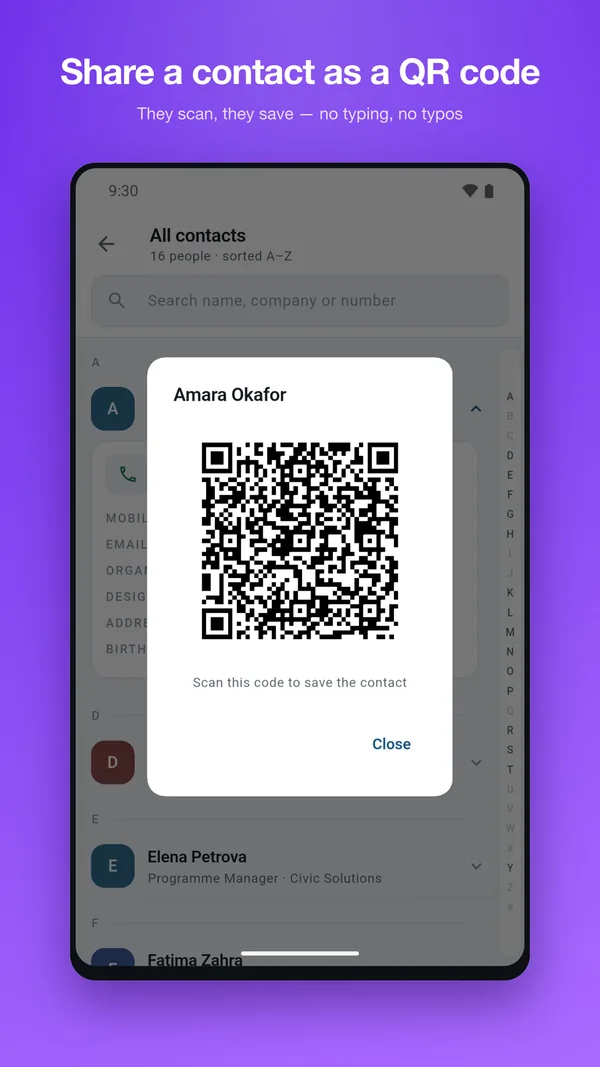 A contact rendered as a scannable QR code for instant sharing