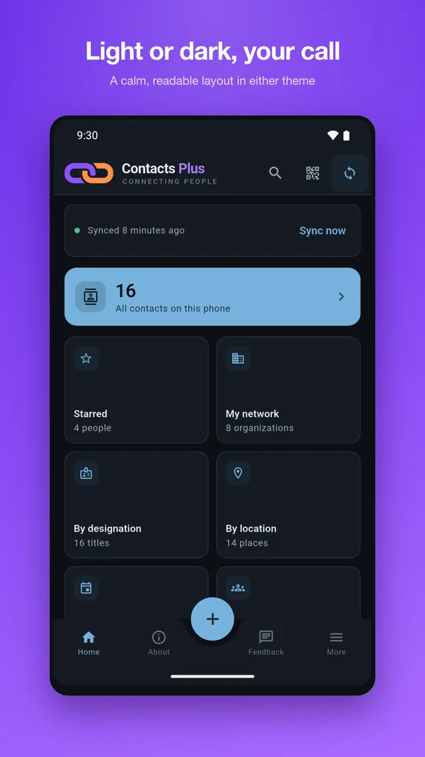 Contacts Plus home screen rendered in dark theme