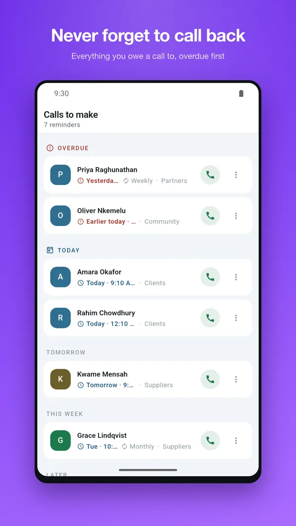 Calls to make screen listing call reminders grouped as overdue, today, tomorrow and this week, each row with a call button