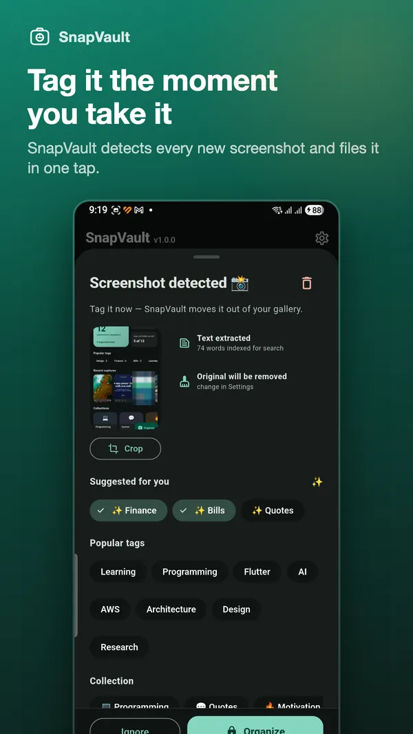 Screenshot-detected sheet offering suggested tags and collections right after a capture