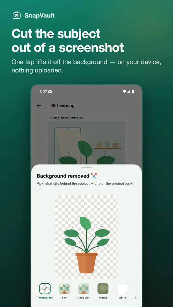 SnapVault's "Background removed" sheet: a potted plant lifted out of a screenshot and shown on a transparent checkerboard, above a row of background options — Transparent, Blur, Deep blur, Match and White