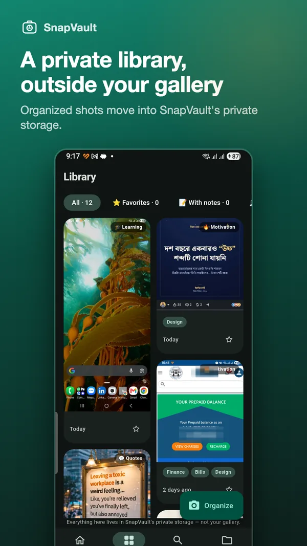 Masonry library grid of organized screenshots stored outside the phone gallery