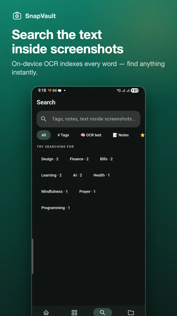SnapVault search screen with filters for tags, OCR text and notes