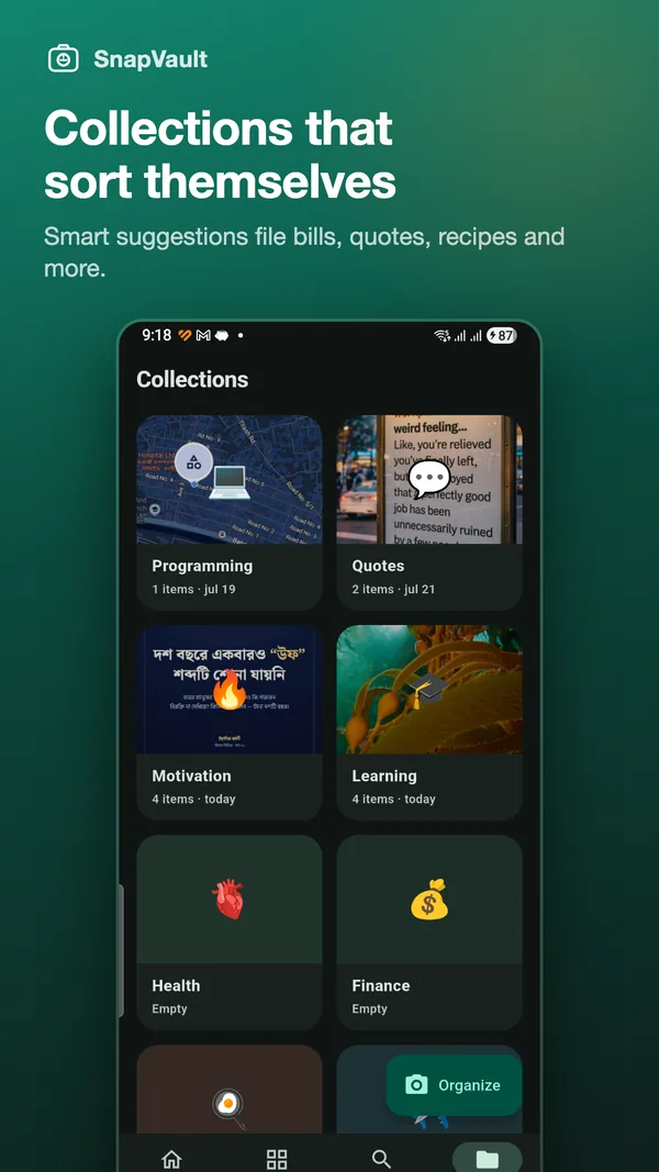 Collections grid showing Programming, Quotes, Motivation, Learning, Health and Finance