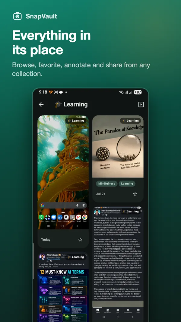 Collection detail view with tagged screenshots, notes and favourite controls