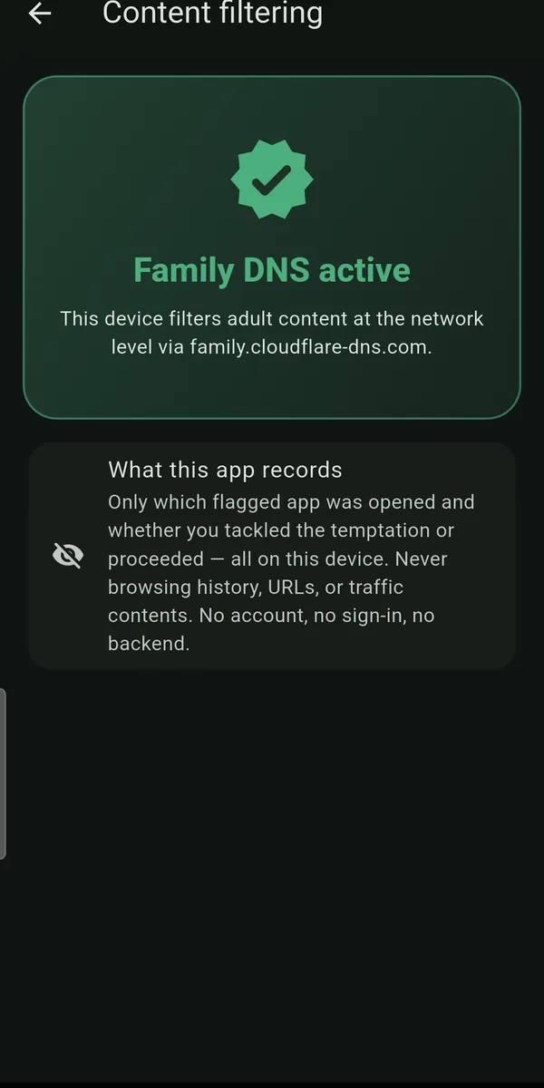Content filtering screen showing a green shield while Cloudflare Family Private DNS is active