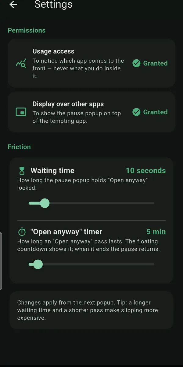 TemptShield settings with sliders for waiting time and the open-anyway pass, plus permission status tiles