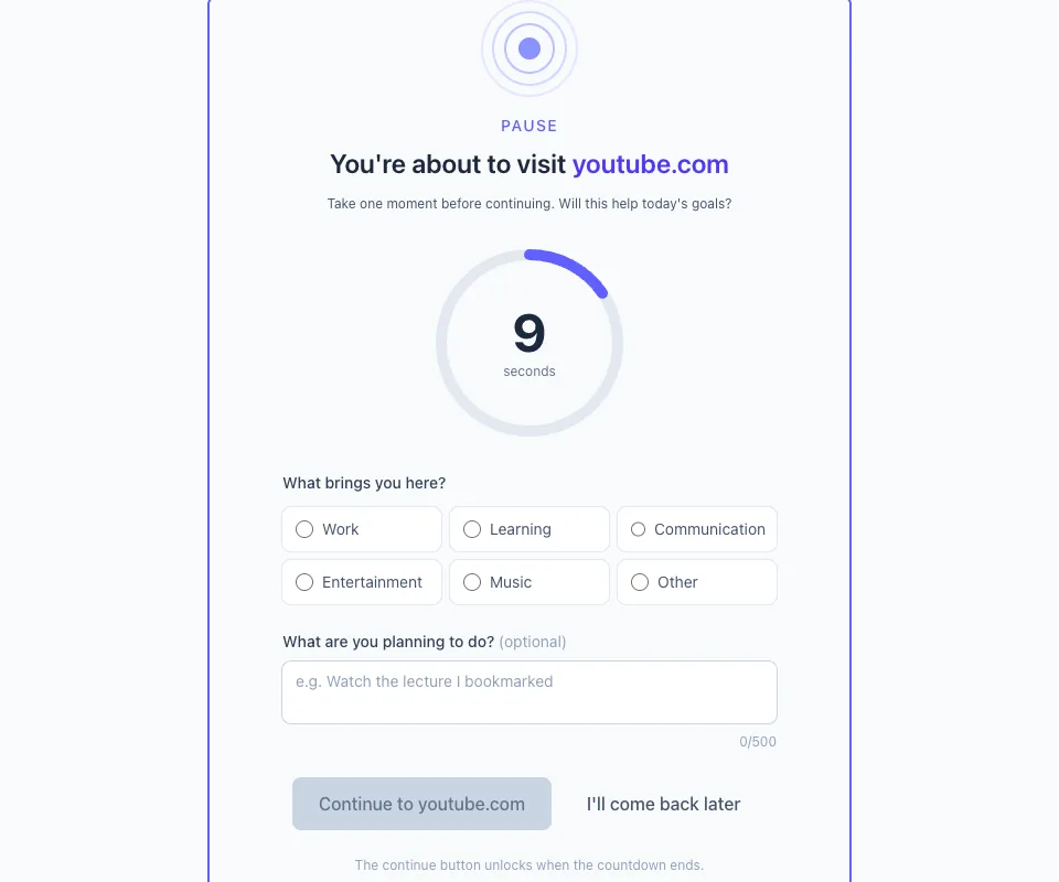 The TemptShield pause page reading "You’re about to visit youtube.com" above a circular countdown at nine seconds, six reason buttons, a reflection box and a greyed-out Continue button