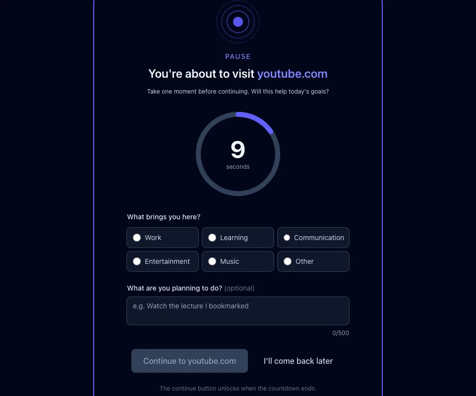 The same TemptShield pause page in dark mode, with the countdown ring and reason buttons on a near-black background