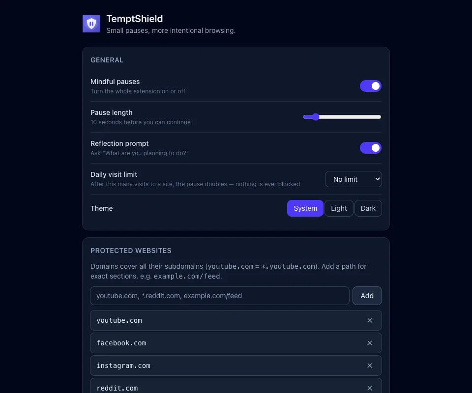The TemptShield settings page in dark mode, showing the general section and the protected websites list
